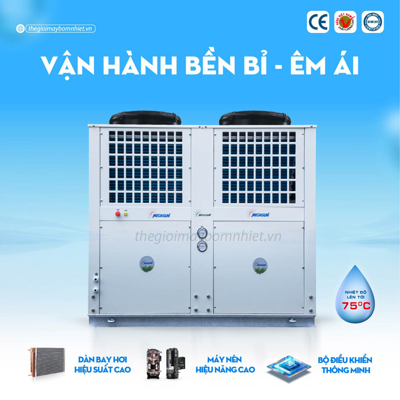Máy bơm nhiệt Megasun cung cấp nước nóng ổn định và an toàn, tiết kiệm điện