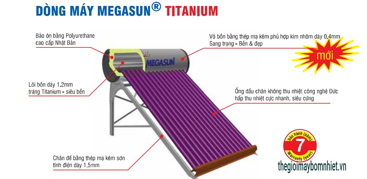 Máy nước nóng năng lượng mặt trời Megasun Titanium 180 Lít