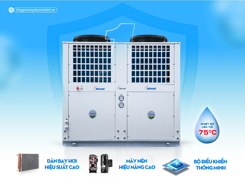 Máy bơm nhiệt công nghiệp Megasun MGS-44HP sở hữu hệ thống linh kiện nhập khẩu cao cấp, đạt chuẩn quốc tế