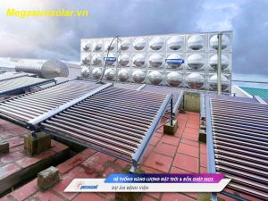 Hệ thống bao gồm bồn ghép inox dung tích 110m³ kết hợp cùng hệ thống năng lượng mặt trời và máy bơm nhiệt