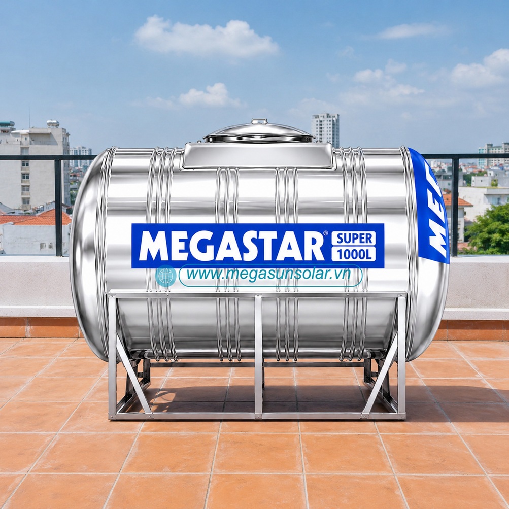Bòn tròn inox Megastar Megasun dung tích 1000L bồn ngang
