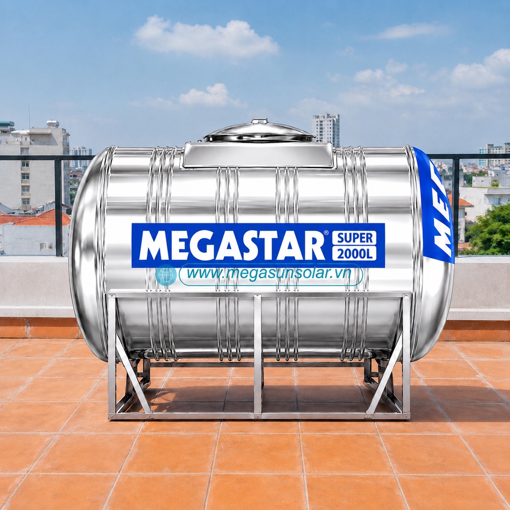 Bồn ngang inox chứa nước sinh hoạt 2000L Megastar Super