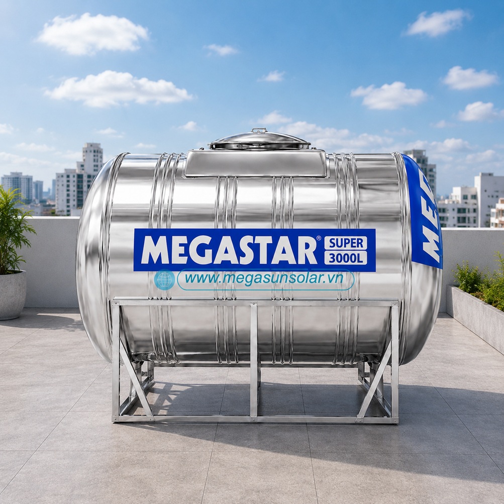Bồn inox chứa nước sinh hoạt Megastar Super 3000L bồn ngang