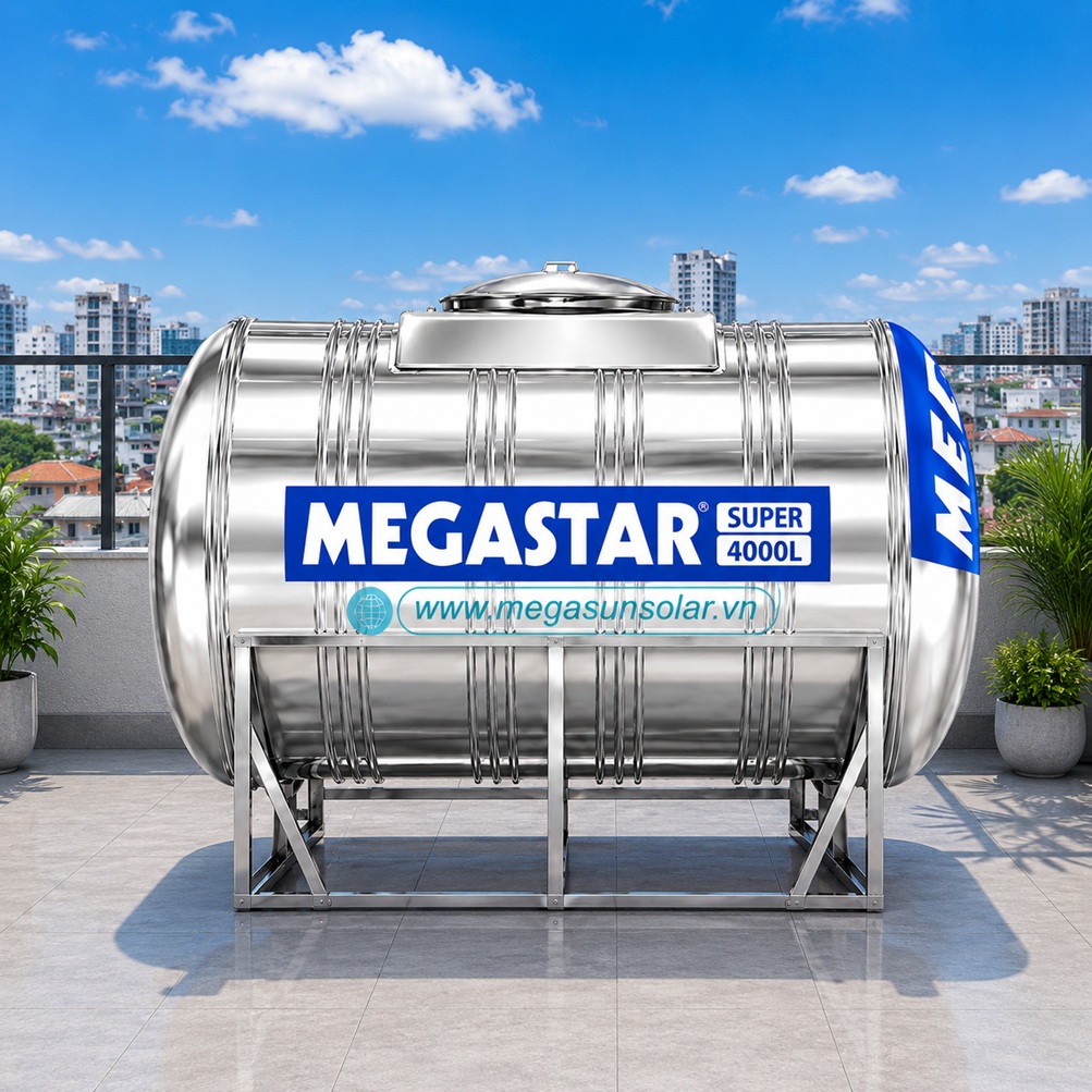 Téc nước lạnh inox Megastar Super 4000L bồn ngang