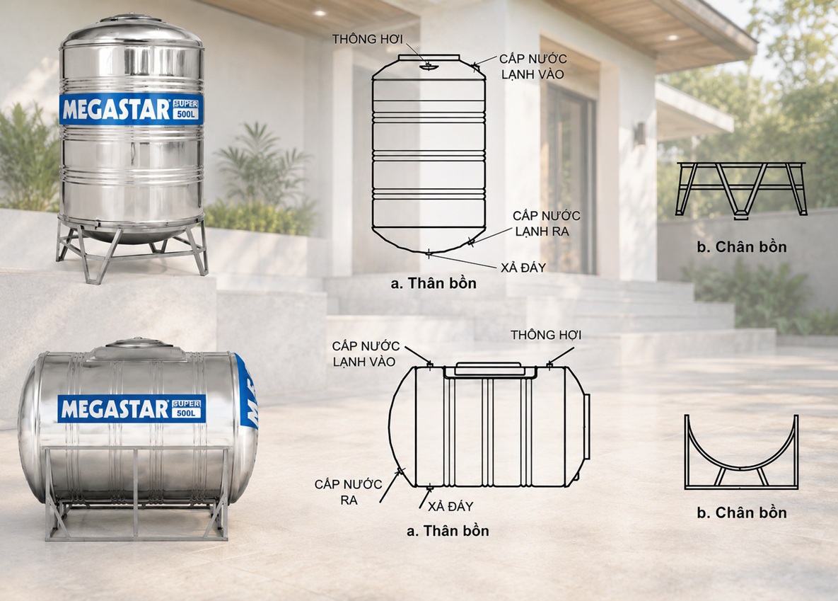 Cấu tạo bồn inox chứa nước sinh hoạt Megastar Megasun 500L