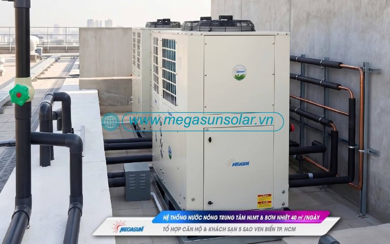 Hệ thống nước nóng công suất 40m3 kết hợp cùng máy nước nóng bơm nhiệt Heat Pump