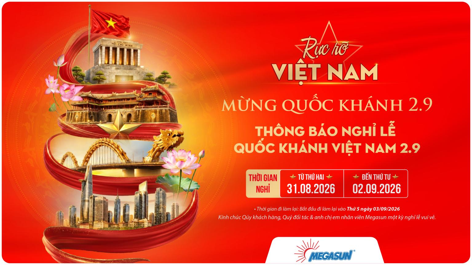 Megasun thông báo thời gian nghỉ tết độc lập 2/9