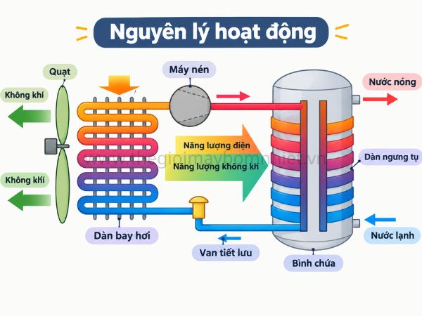 Heatpump tận dụng nhiệt từ môi trường để làm nóng nước, giúp tiết kiệm điện năng